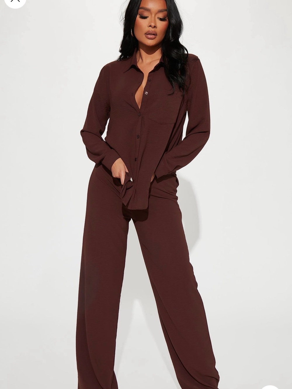 Fashion Nova Chocolate Brown Button-Up Long Sleeve Top - Picture 1 of 2